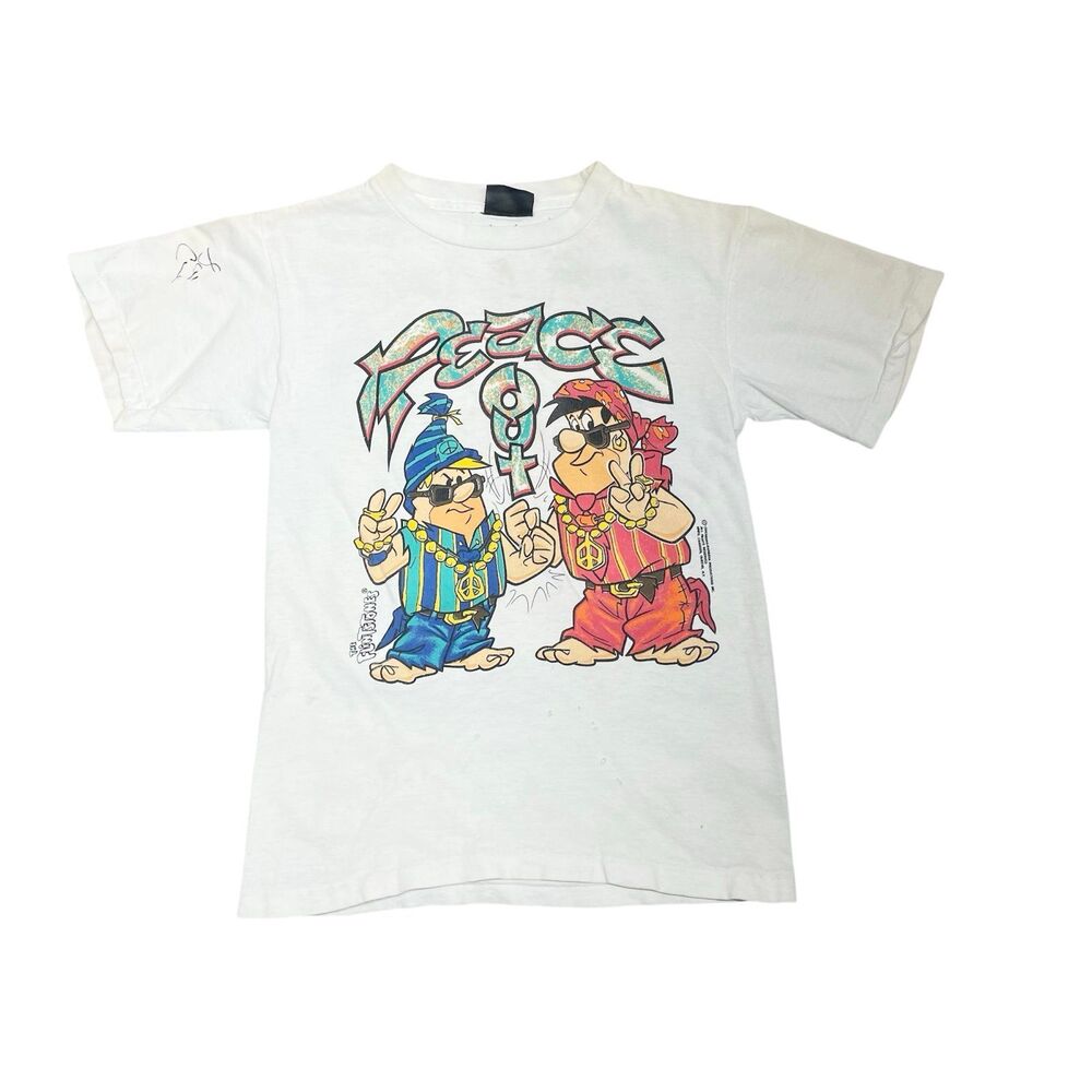 Vintage 90s Flintstones Shirt Fred Barney Peace Out Hip Hop Rap Changes Size L